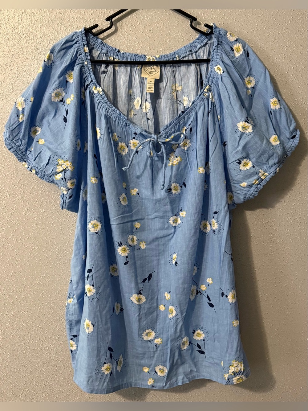 Light Blue Floral Peasant Top with Tie Neck